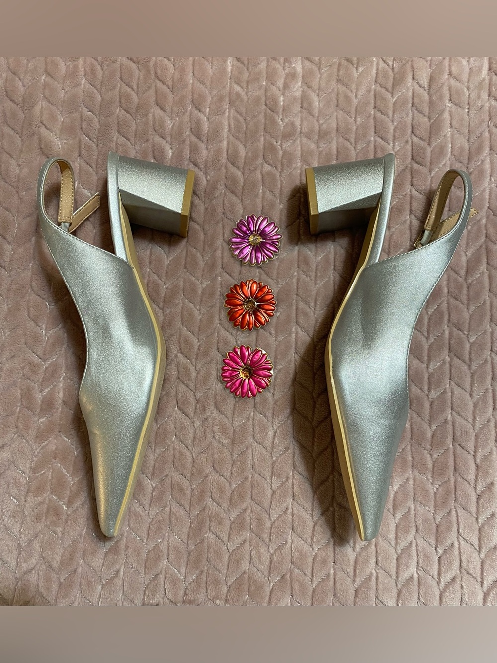 Silver Sling back Pointed-Toe Low Heel Size 9.5 Frank Mully - Picture 3 of 8